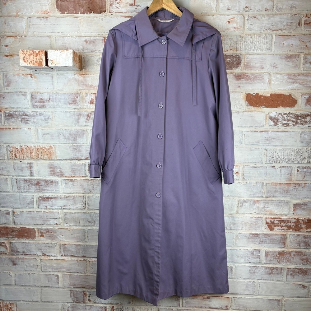 Vintage 70s 80s Lavender Hooded Raincoat Maxi Belted Trench Coat 34